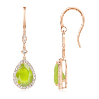 10x7mm A Pear-Shaped Peridot Drop Earrings with Diamond Halo in Rose Gold