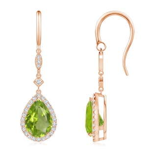 10x7mm AA Pear-Shaped Peridot Drop Earrings with Diamond Halo in Rose Gold