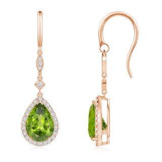 10x7mm AAA Pear-Shaped Peridot Drop Earrings with Diamond Halo in Rose Gold