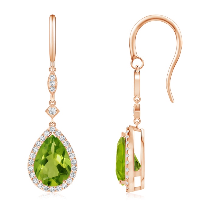 10x7mm AAAA Pear-Shaped Peridot Drop Earrings with Diamond Halo in Rose Gold 
