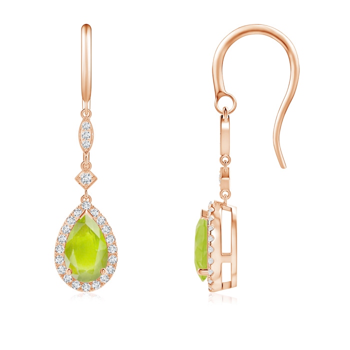 8x5mm A Pear-Shaped Peridot Drop Earrings with Diamond Halo in Rose Gold 