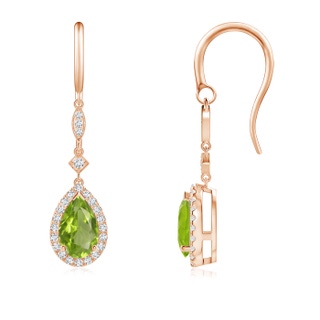 8x5mm AA Pear-Shaped Peridot Drop Earrings with Diamond Halo in 9K Rose Gold