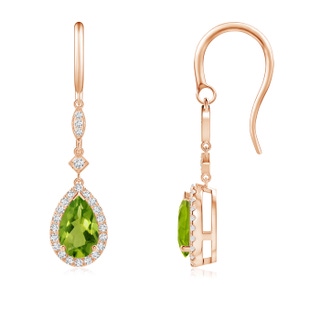 8x5mm AAAA Pear-Shaped Peridot Drop Earrings with Diamond Halo in 9K Rose Gold