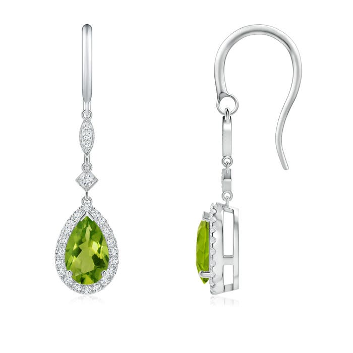 8x5mm AAAA Pear-Shaped Peridot Drop Earrings with Diamond Halo in P950 Platinum