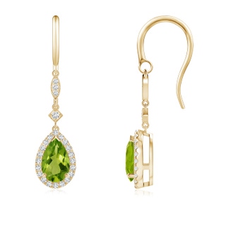 8x5mm AAAA Pear-Shaped Peridot Drop Earrings with Diamond Halo in Yellow Gold