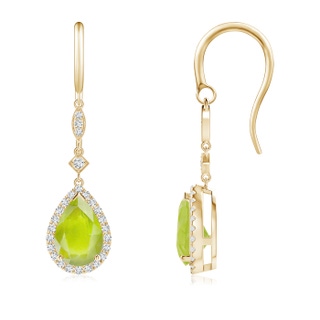 9x6mm A Pear-Shaped Peridot Drop Earrings with Diamond Halo in Yellow Gold