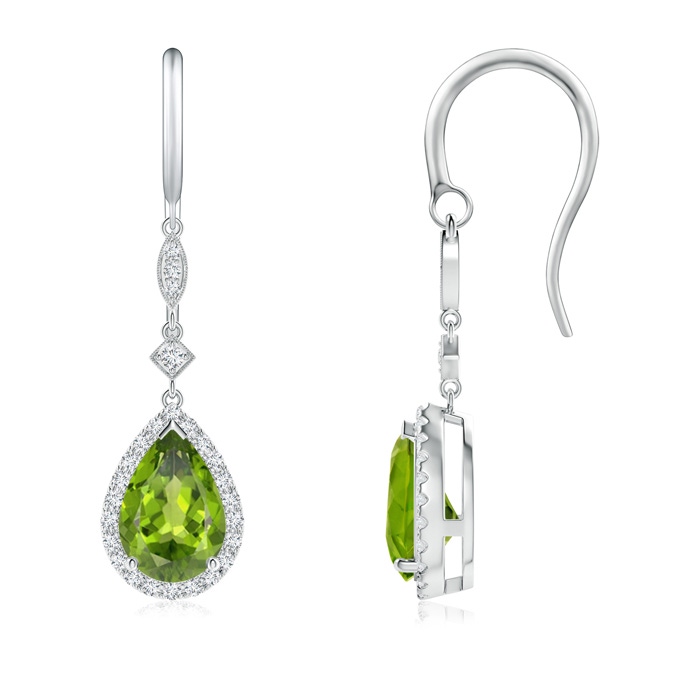 9x6mm AAA Pear-Shaped Peridot Drop Earrings with Diamond Halo in White Gold 