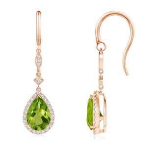 9x6mm AAAA Pear-Shaped Peridot Drop Earrings with Diamond Halo in Rose Gold