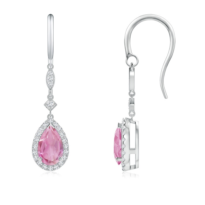 8x5mm A Pear-Shaped Pink Tourmaline Drop Earrings with Diamond Halo in P950 Platinum 
