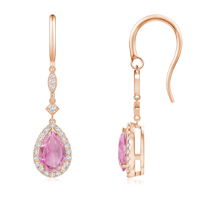 8x5mm A Pear-Shaped Pink Tourmaline Drop Earrings with Diamond Halo in Rose Gold 