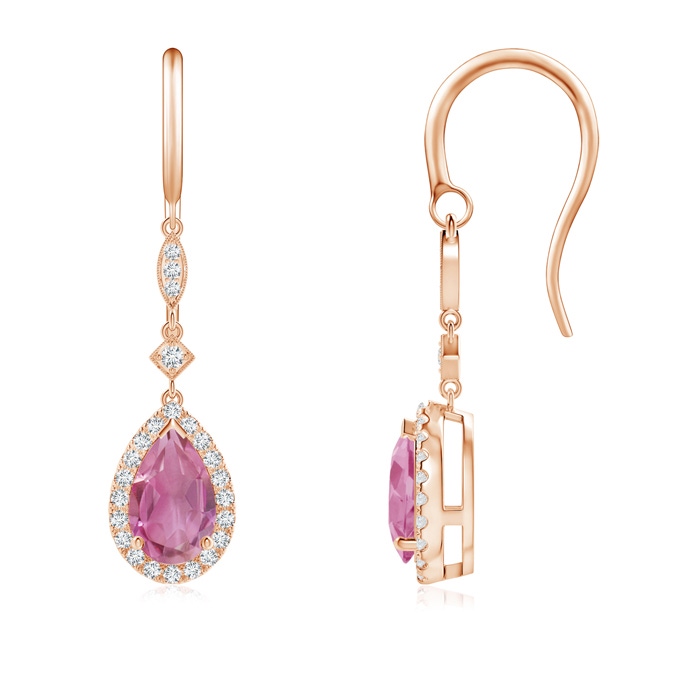 8x5mm AA Pear-Shaped Pink Tourmaline Drop Earrings with Diamond Halo in Rose Gold 