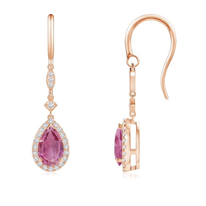 8x5mm AAA Pear-Shaped Pink Tourmaline Drop Earrings with Diamond Halo in Rose Gold 