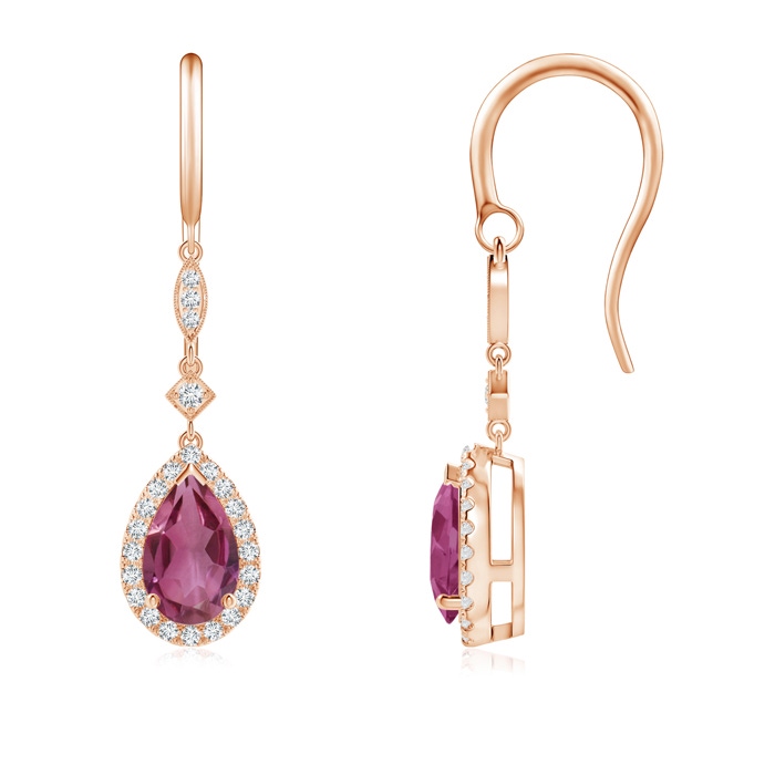 8x5mm AAAA Pear-Shaped Pink Tourmaline Drop Earrings with Diamond Halo in 9K Rose Gold 