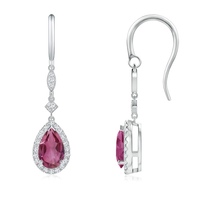 8x5mm AAAA Pear-Shaped Pink Tourmaline Drop Earrings with Diamond Halo in White Gold 