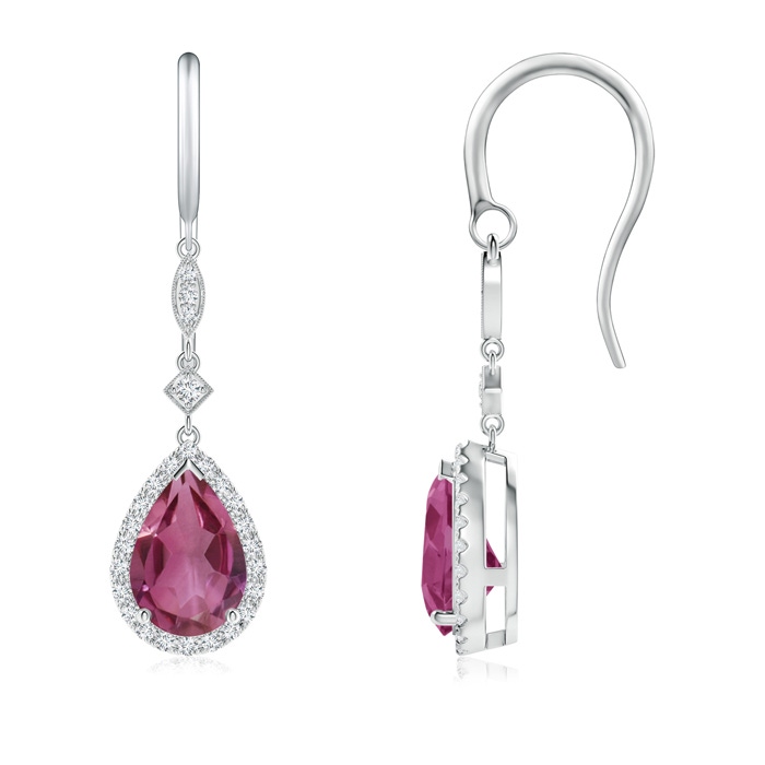 9x6mm AAAA Pear-Shaped Pink Tourmaline Drop Earrings with Diamond Halo in White Gold 