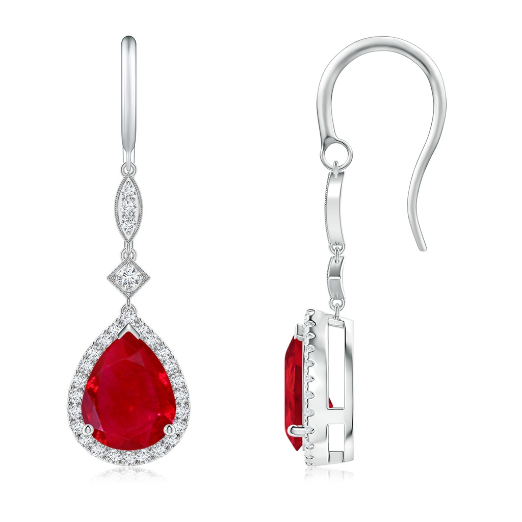 9x7mm AAA Pear-Shaped Ruby Halo Dangle Earrings in White Gold 