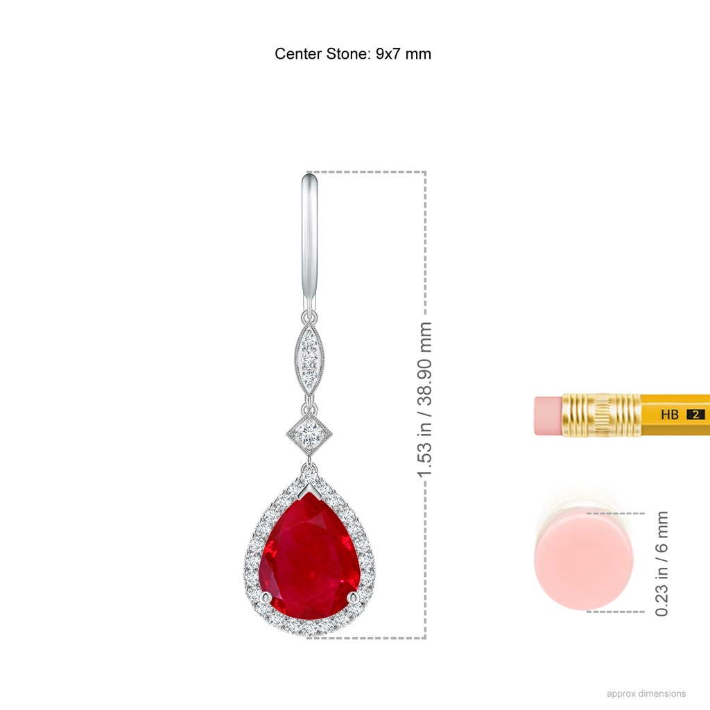 9x7mm AAA Pear-Shaped Ruby Halo Dangle Earrings in White Gold ruler