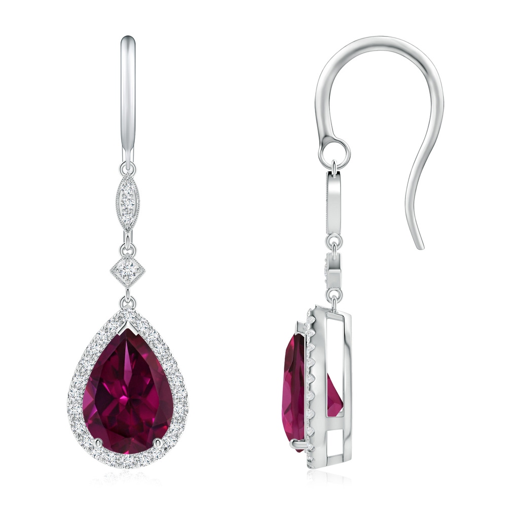 10x7mm AAAA Pear-Shaped Rhodolite Drop Earrings with Diamond Halo in P950 Platinum