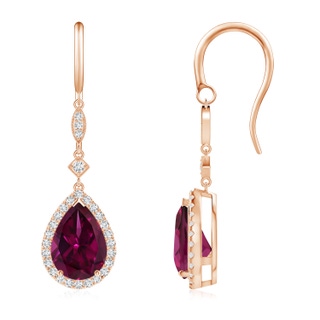 10x7mm AAAA Pear-Shaped Rhodolite Drop Earrings with Diamond Halo in Rose Gold