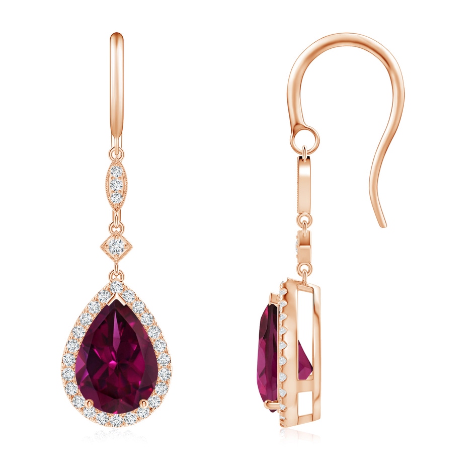 10x7mm AAAA Pear-Shaped Rhodolite Drop Earrings with Diamond Halo in Rose Gold 