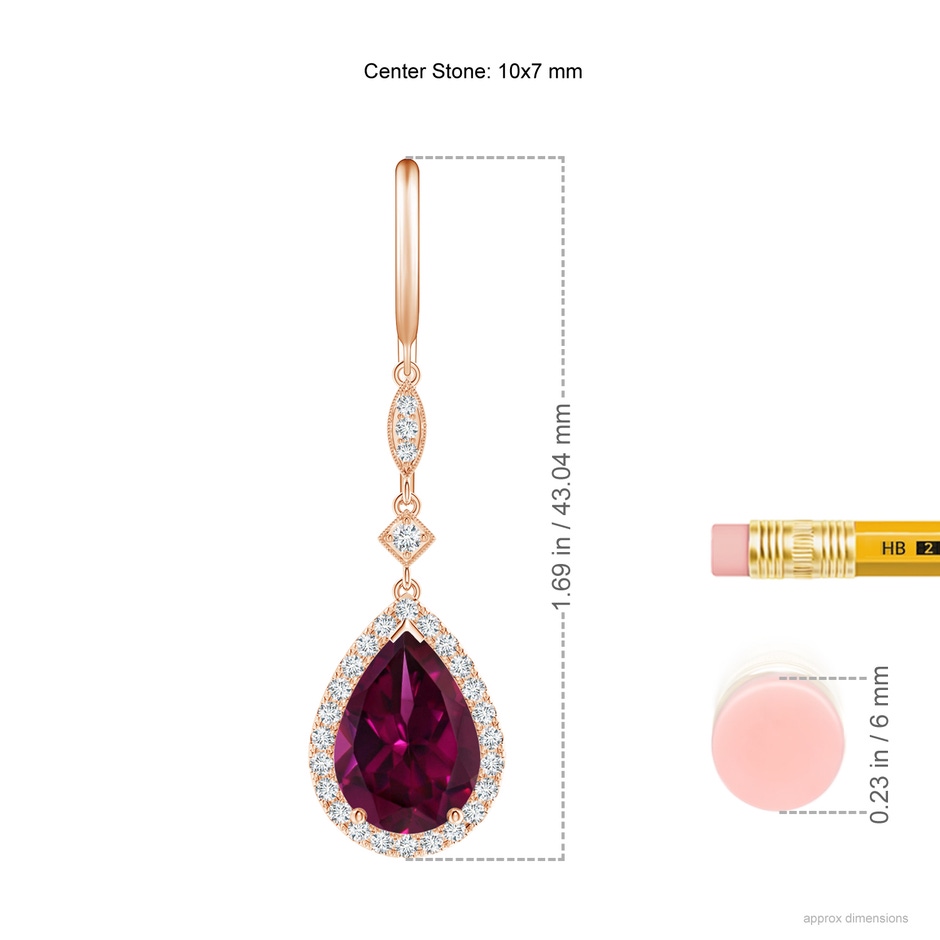 10x7mm AAAA Pear-Shaped Rhodolite Drop Earrings with Diamond Halo in Rose Gold ruler