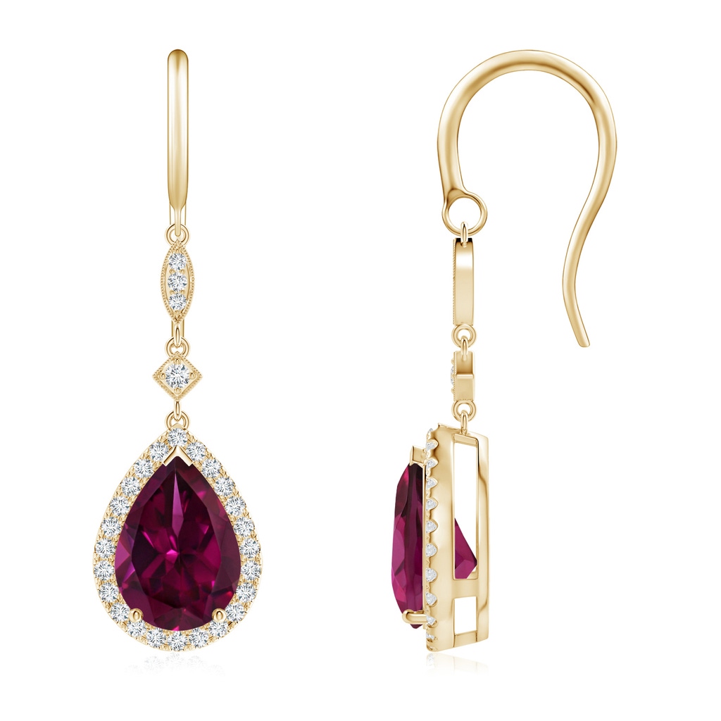 10x7mm AAAA Pear-Shaped Rhodolite Drop Earrings with Diamond Halo in Yellow Gold