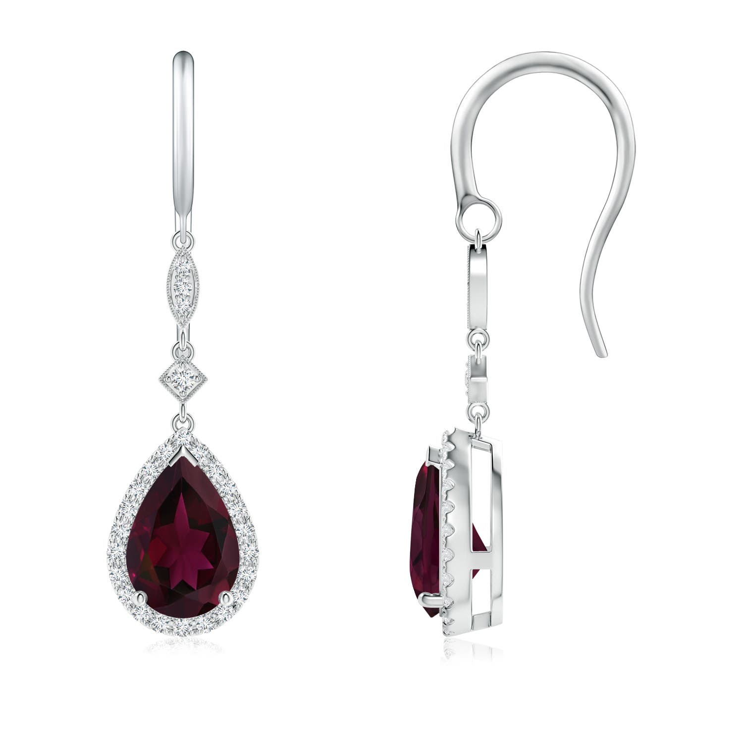 9x6mm A Pear-Shaped Rhodolite Drop Earrings with Diamond Halo in White Gold