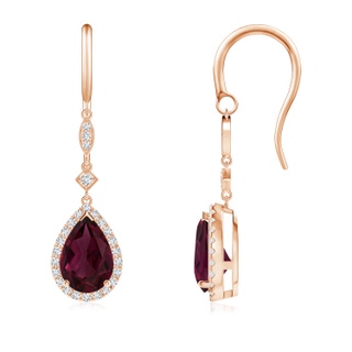 9x6mm AA Pear-Shaped Rhodolite Drop Earrings with Diamond Halo in Rose Gold