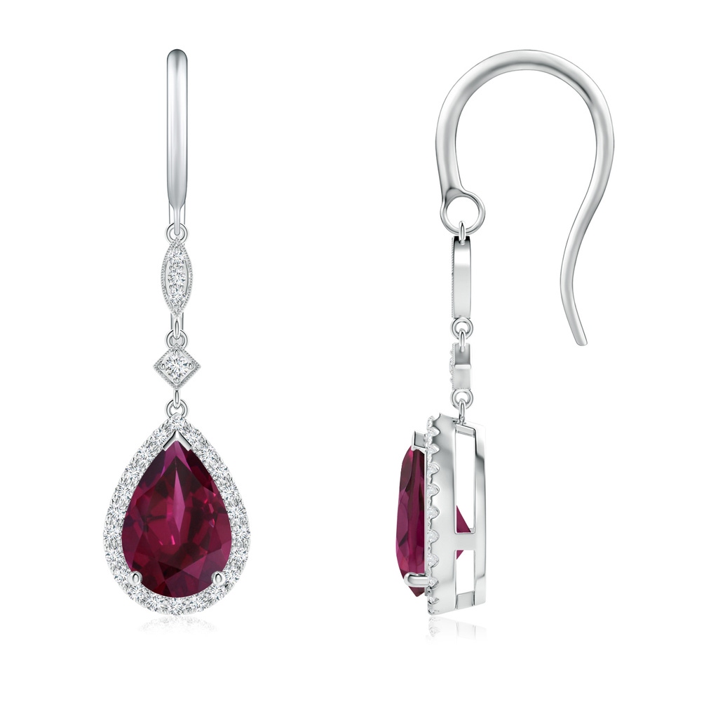 9x6mm AAA Pear-Shaped Rhodolite Drop Earrings with Diamond Halo in White Gold