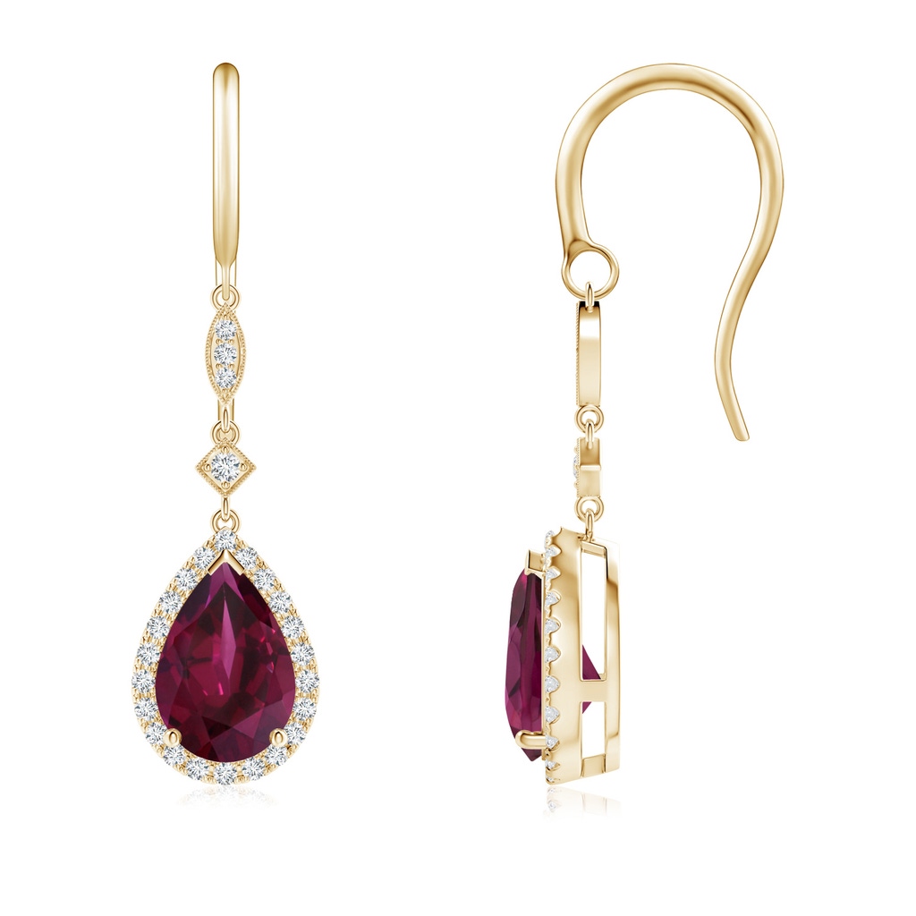 9x6mm AAA Pear-Shaped Rhodolite Drop Earrings with Diamond Halo in Yellow Gold
