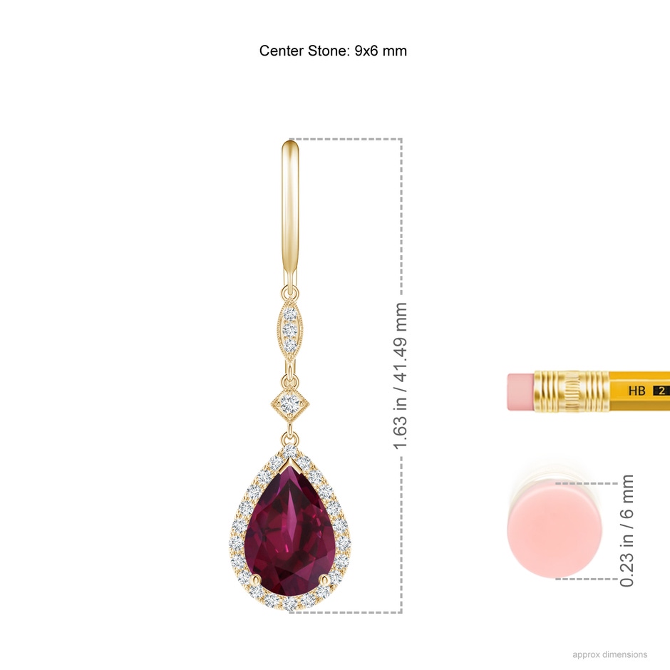 9x6mm AAA Pear-Shaped Rhodolite Drop Earrings with Diamond Halo in Yellow Gold ruler