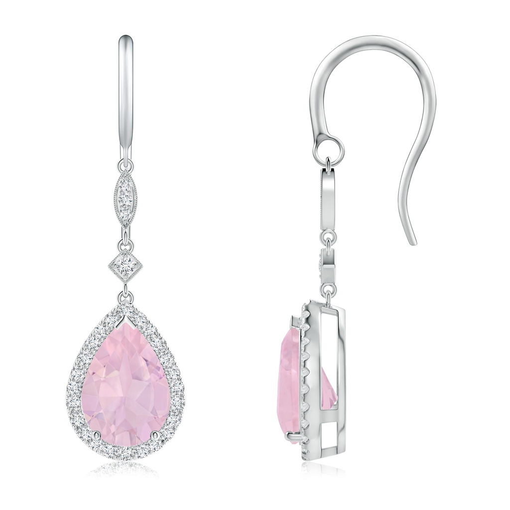 10x7mm AAA Pear-Shaped Rose Quartz Drop Earrings with Diamond Halo in White Gold 