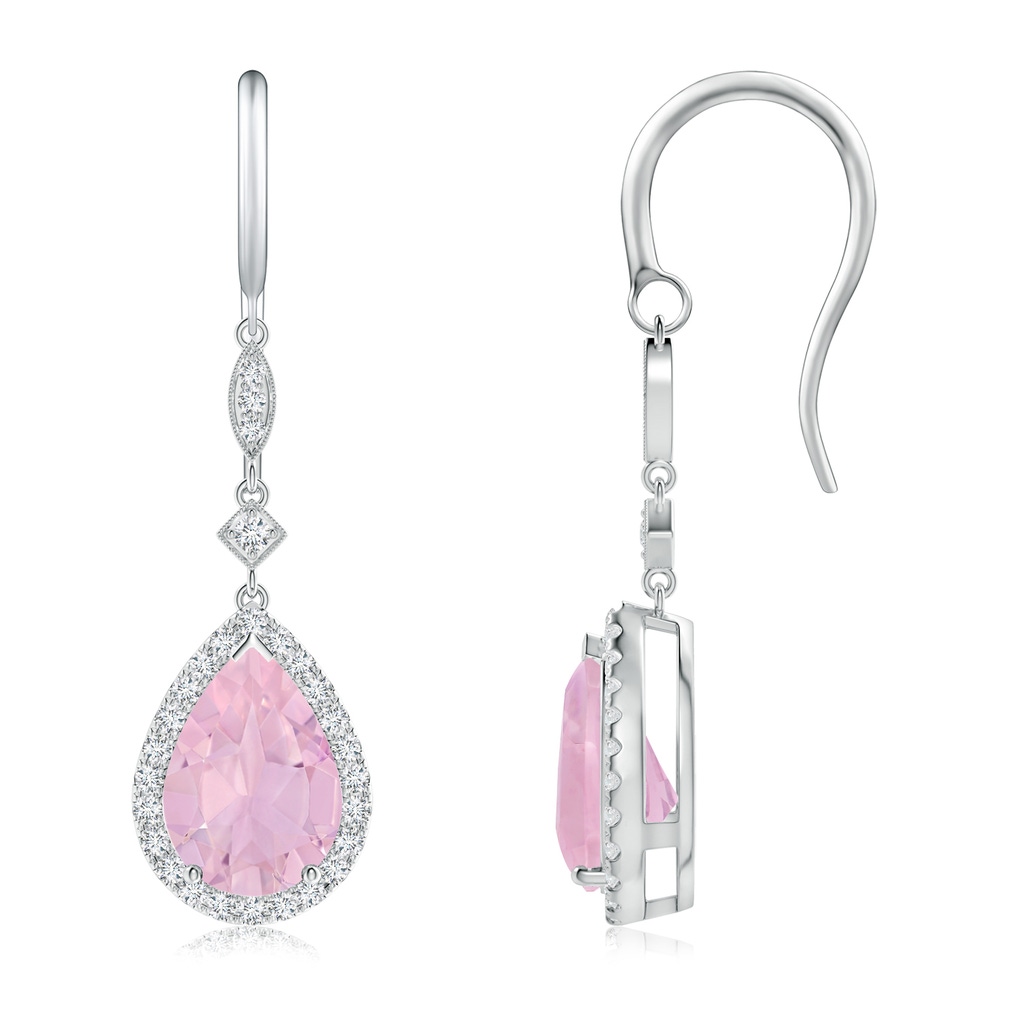 10x7mm AAAA Pear-Shaped Rose Quartz Drop Earrings with Diamond Halo in P950 Platinum