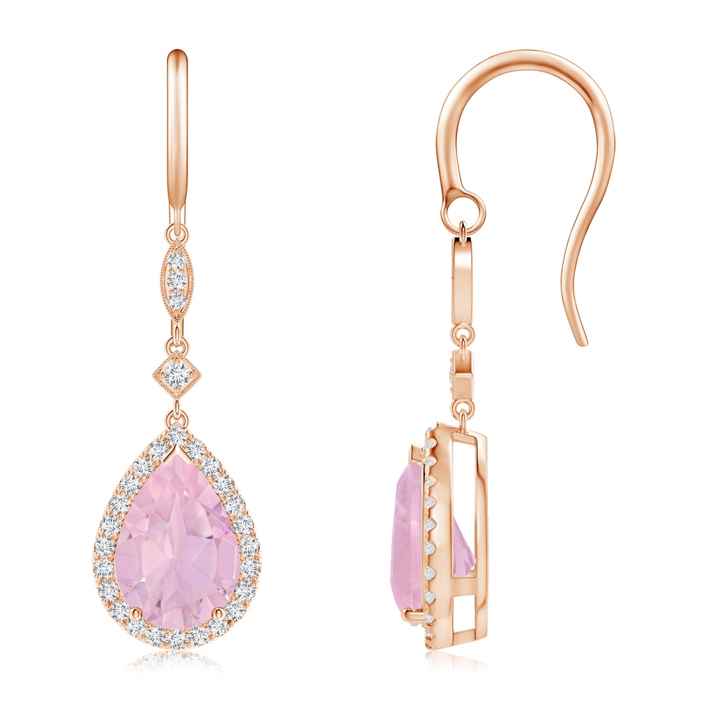 10x7mm AAAA Pear-Shaped Rose Quartz Drop Earrings with Diamond Halo in Rose Gold