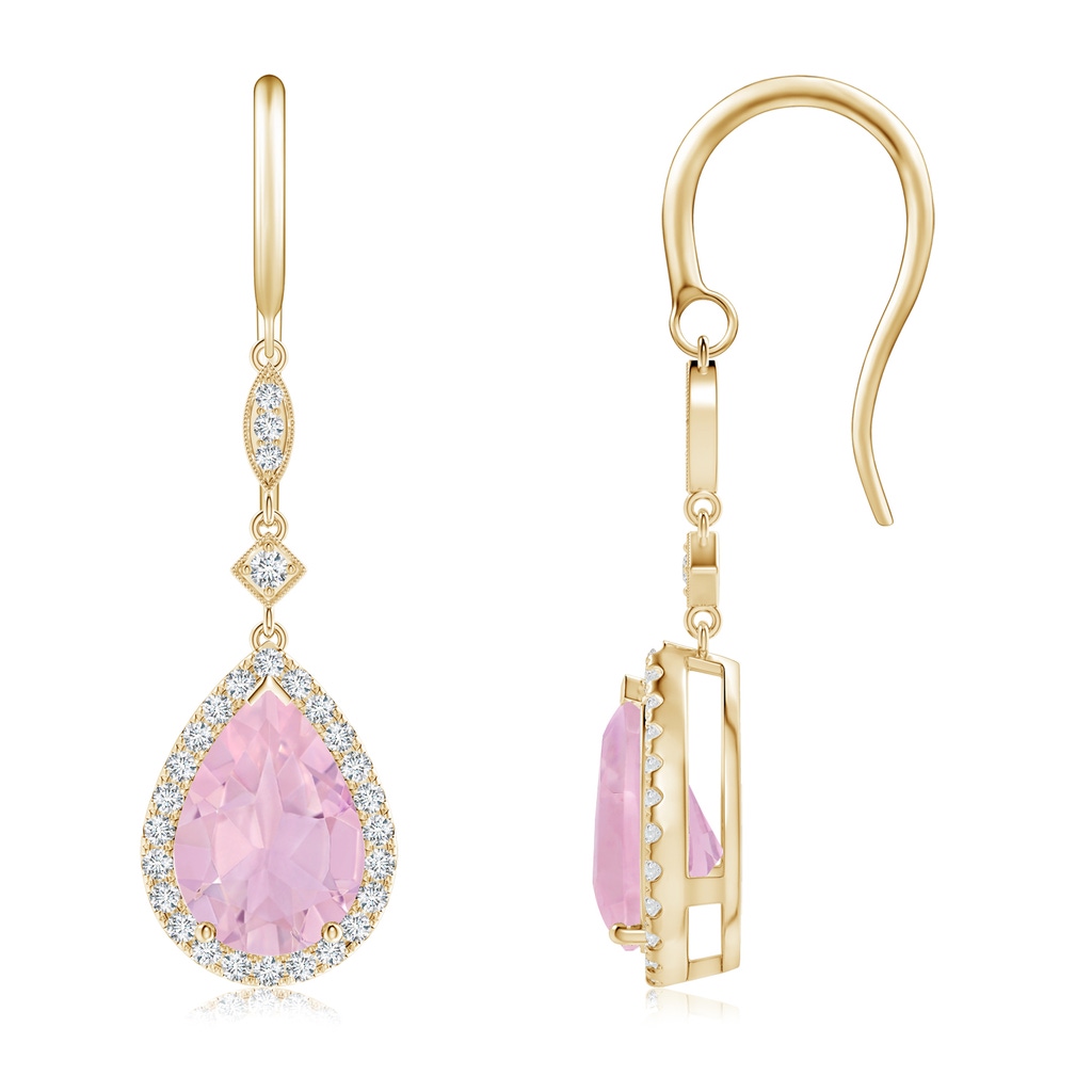10x7mm AAAA Pear-Shaped Rose Quartz Drop Earrings with Diamond Halo in Yellow Gold