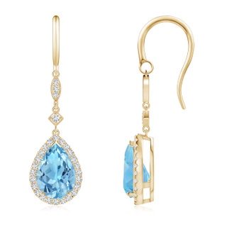 10x7mm A Pear-Shaped Swiss Blue Topaz Drop Earrings with Diamond Halo in Yellow Gold