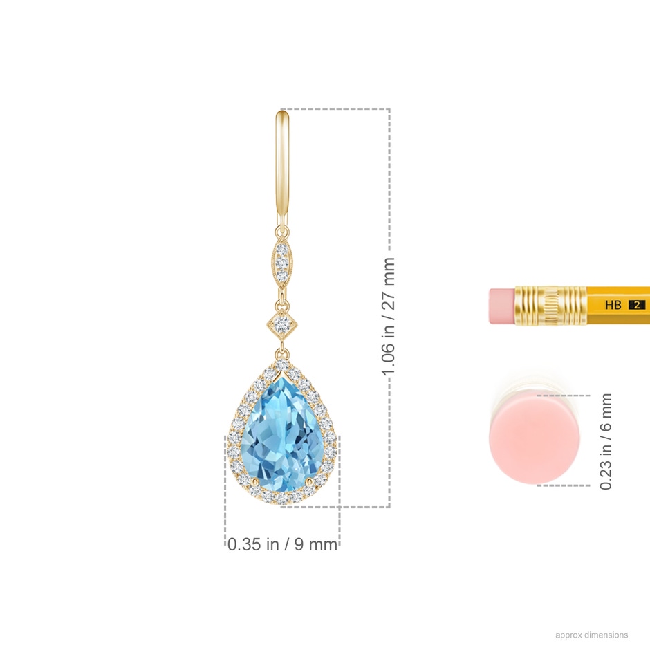 10x7mm A Pear-Shaped Swiss Blue Topaz Drop Earrings with Diamond Halo in Yellow Gold ruler