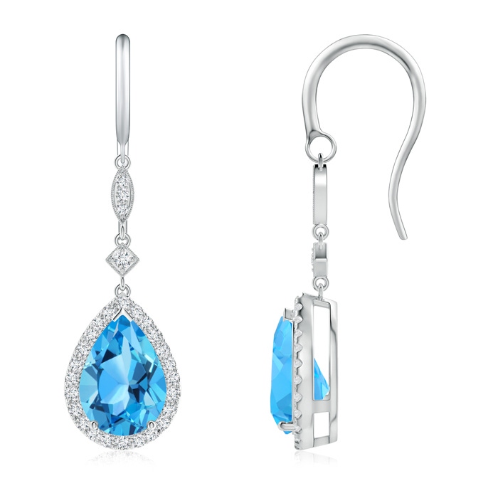10x7mm AAA Pear-Shaped Swiss Blue Topaz Drop Earrings with Diamonds in White Gold 