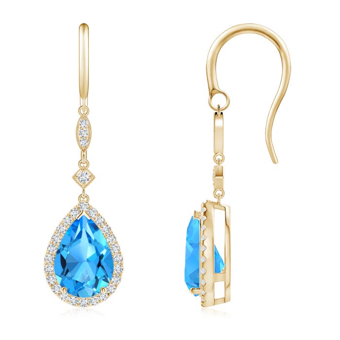 10x7mm AAAA Pear-Shaped Swiss Blue Topaz Drop Earrings with Diamond Halo in 18CT Yellow Gold