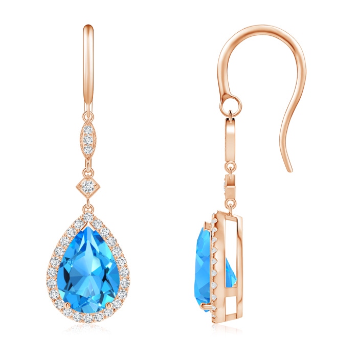 10x7mm AAAA Pear-Shaped Swiss Blue Topaz Drop Earrings with Diamonds in Rose Gold