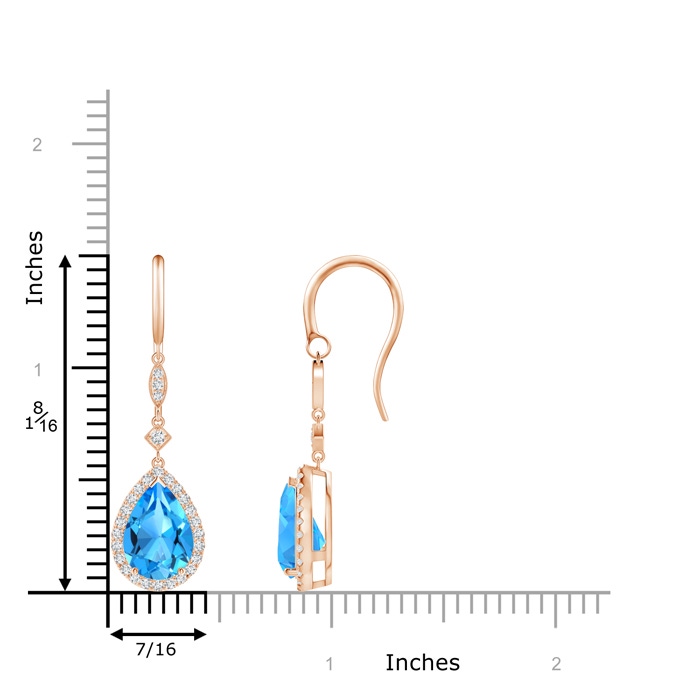 10x7mm AAAA Pear-Shaped Swiss Blue Topaz Drop Earrings with Diamonds in Rose Gold ruler