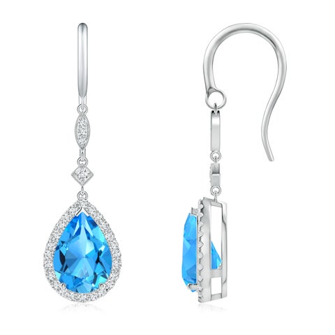 10x7mm AAAA Pear-Shaped Swiss Blue Topaz Drop Earrings with Diamond Halo in White Gold