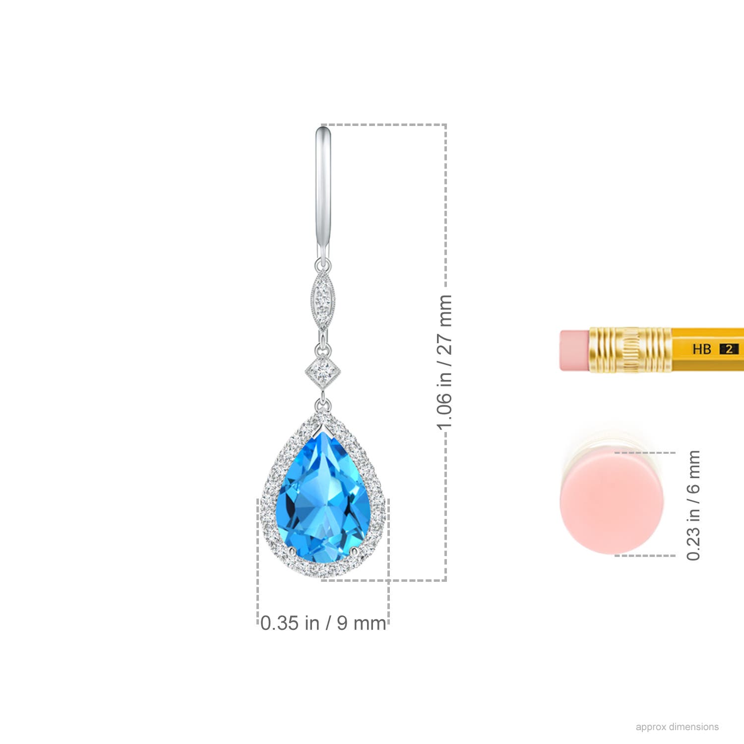 10x7mm AAAA Pear-Shaped Swiss Blue Topaz Drop Earrings with Diamond Halo in White Gold - ruler