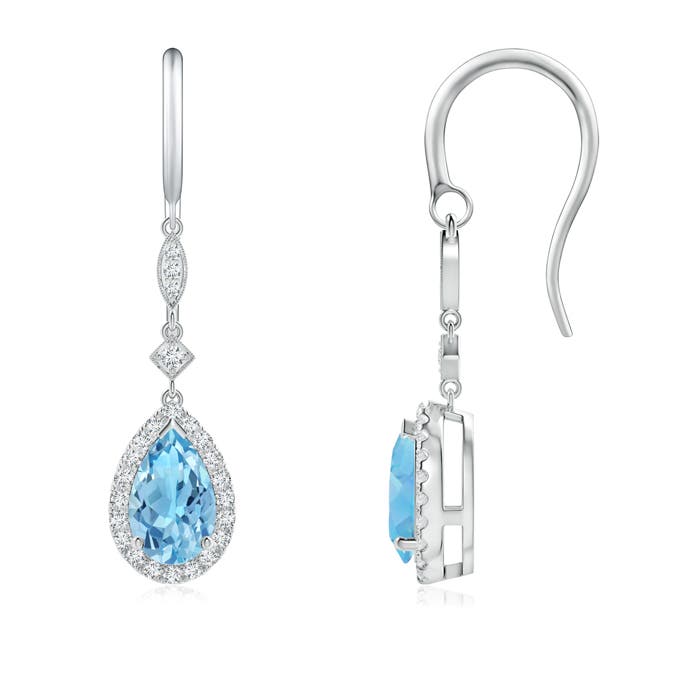 8x5mm A Pear-Shaped Swiss Blue Topaz Drop Earrings with Diamond Halo in P950 Platinum
