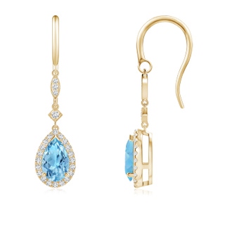 8x5mm A Pear-Shaped Swiss Blue Topaz Drop Earrings with Diamond Halo in Yellow Gold