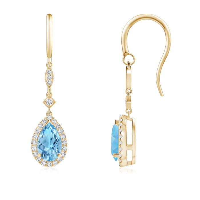 8x5mm A Pear-Shaped Swiss Blue Topaz Drop Earrings with Diamond Halo in Yellow Gold 