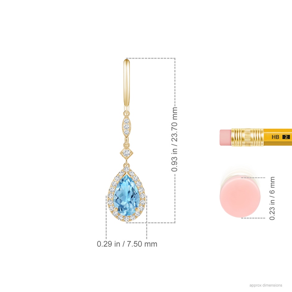 8x5mm A Pear-Shaped Swiss Blue Topaz Drop Earrings with Diamond Halo in Yellow Gold ruler