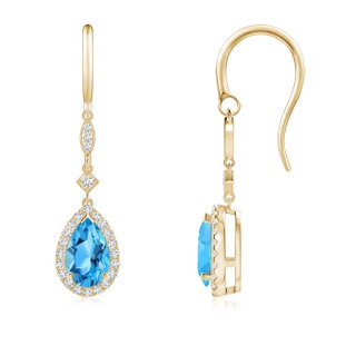 8x5mm AAA Pear-Shaped Swiss Blue Topaz Drop Earrings with Diamond Halo in Yellow Gold
