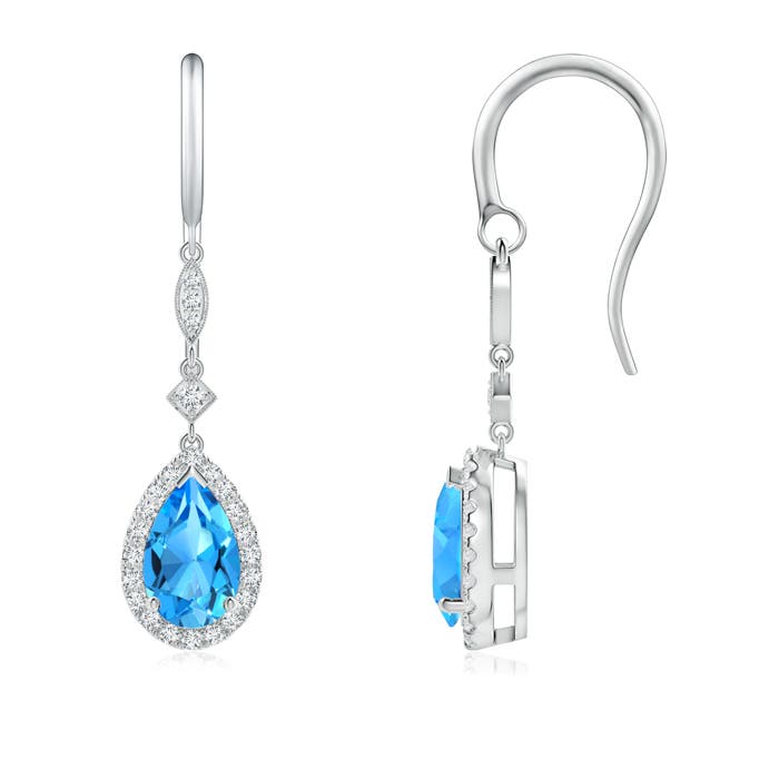 8x5mm AAAA Pear-Shaped Swiss Blue Topaz Drop Earrings with Diamond Halo in P950 Platinum