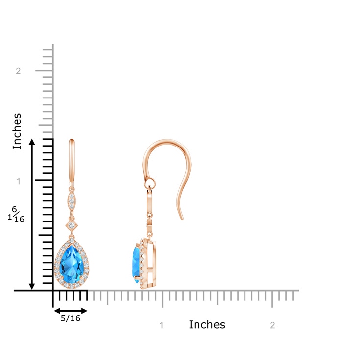 8x5mm AAAA Pear-Shaped Swiss Blue Topaz Drop Earrings with Diamonds in Rose Gold ruler
